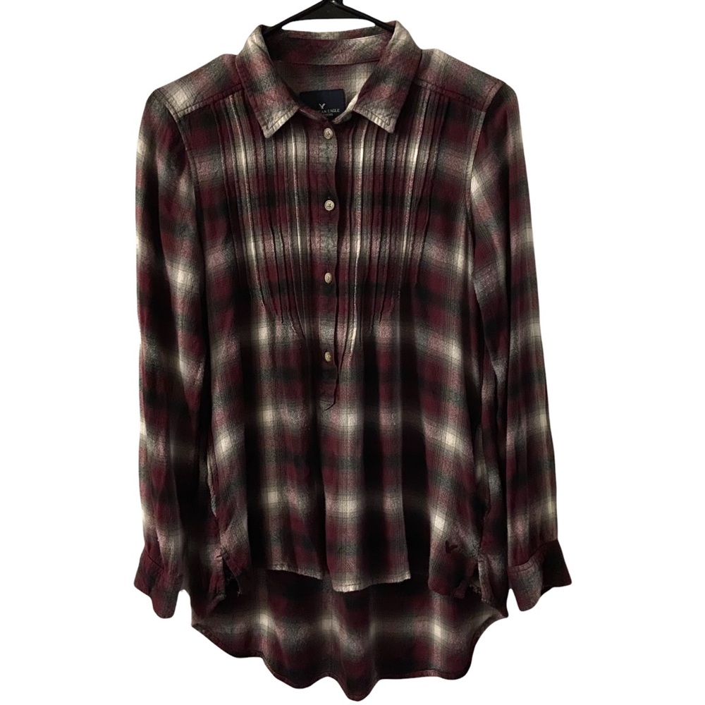 American Eagle Brown & White Plaid Flannel Button Down Hi-Lo Top Small